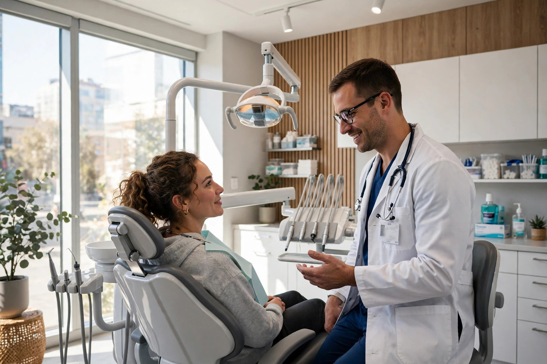 Dentist consulting with a patient in a modern dental office