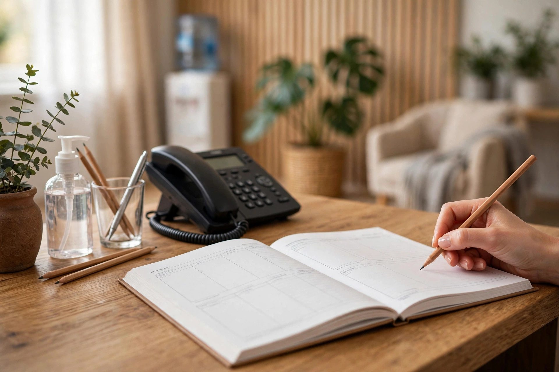 Dental reception desk with appointment book and phone for following up with new patient inquiries