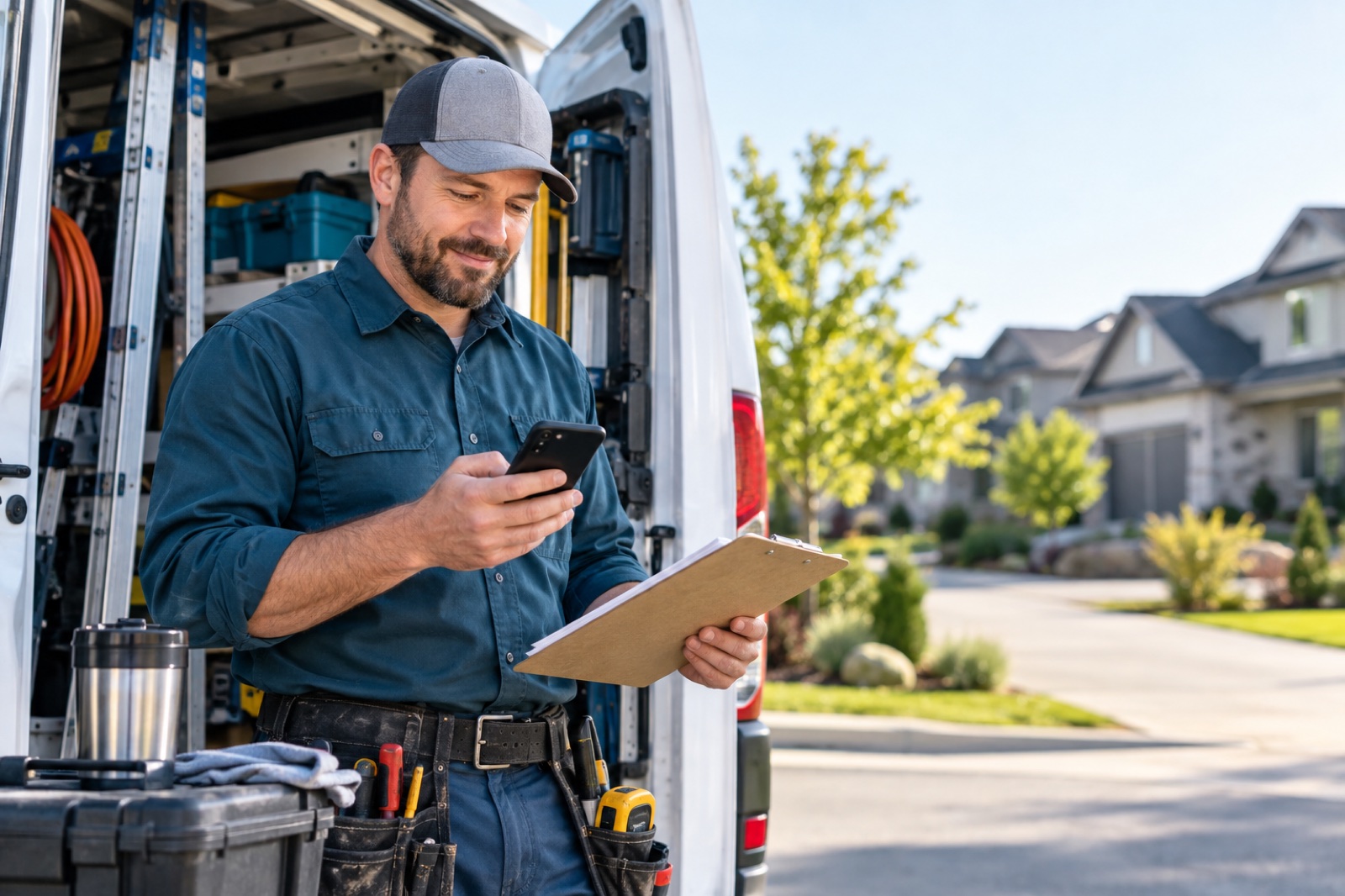 Home service contractor reviewing a new Facebook lead on a phone beside a work van