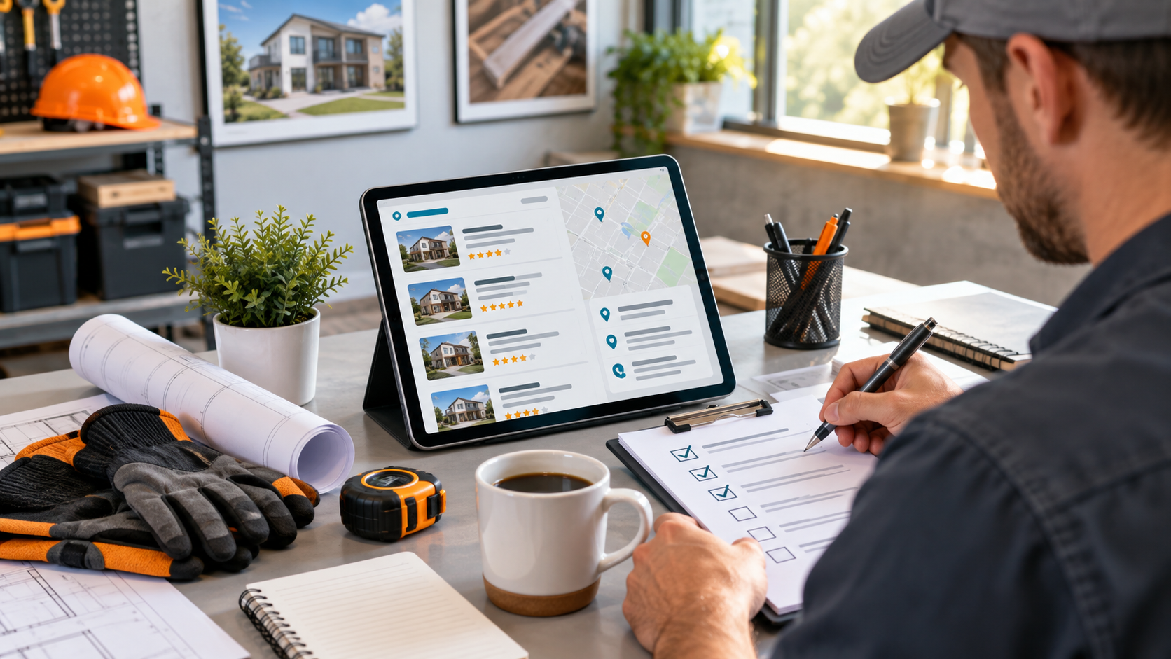 Contractor reviewing an online profile checklist for a local service business