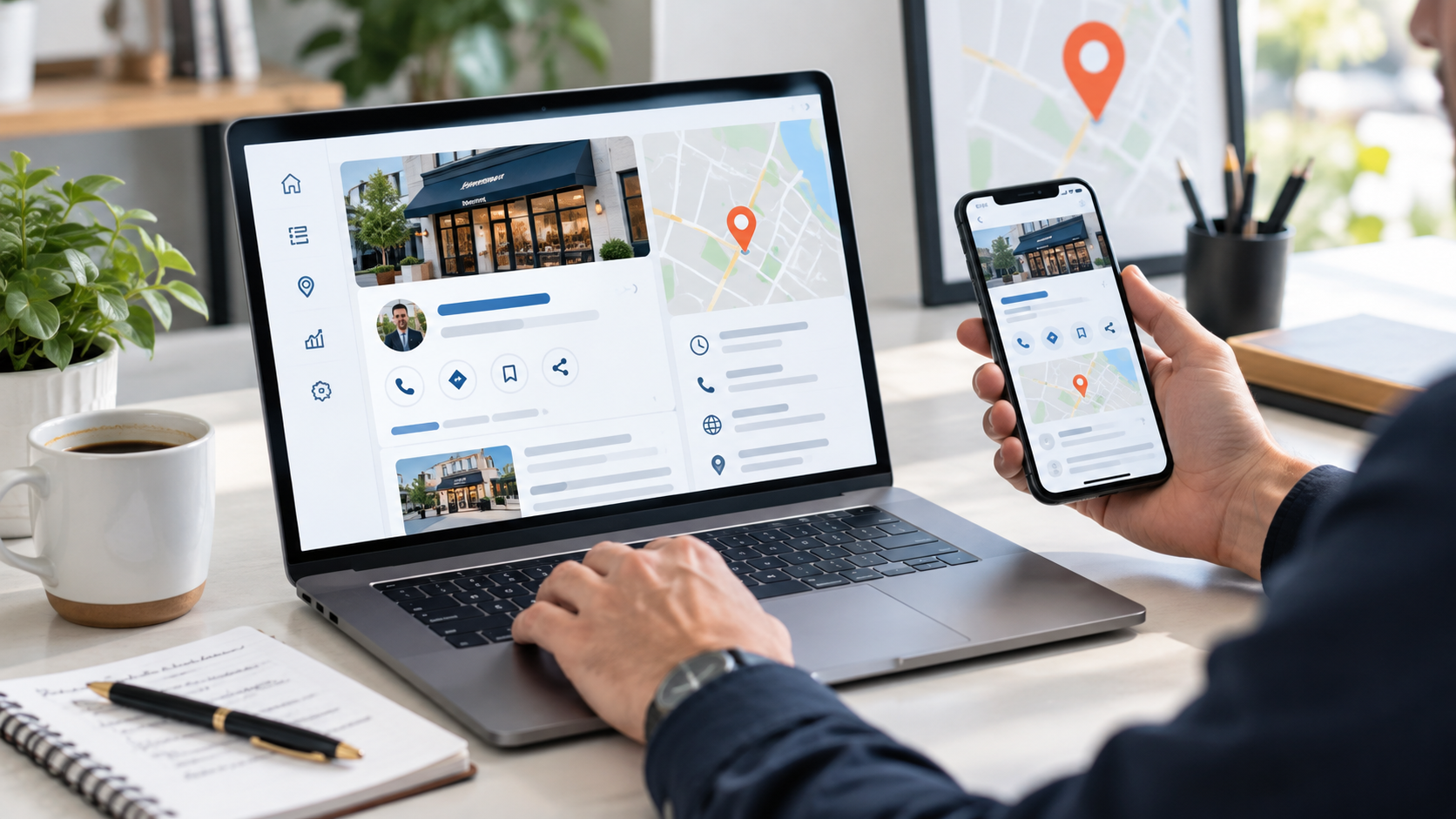 Business owner reviewing a local business profile on laptop and phone